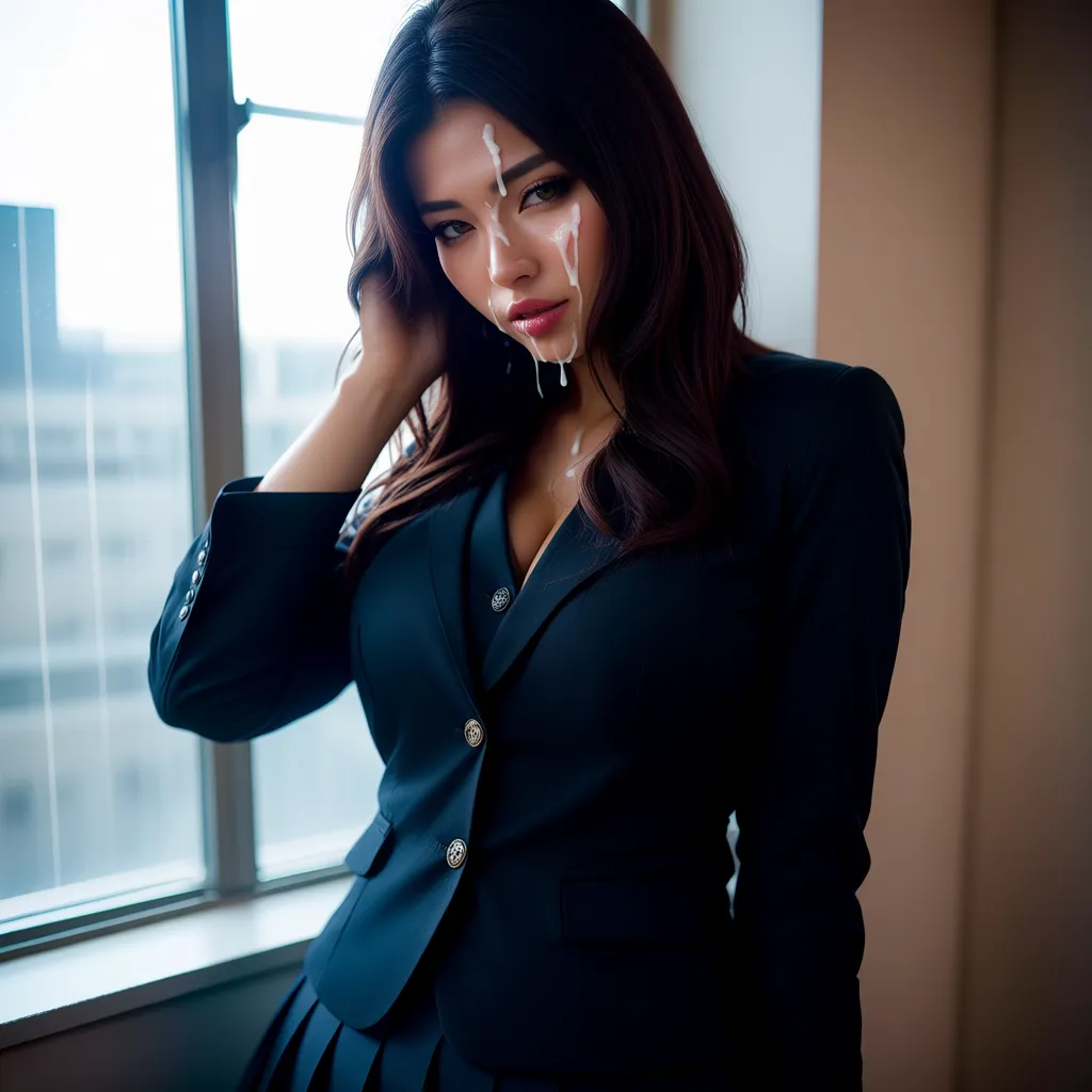 RAW photo, ultra realistic, succubus, buttons, pleated skirt, hair flip, cum on face, depth of field, window light, photorealistic