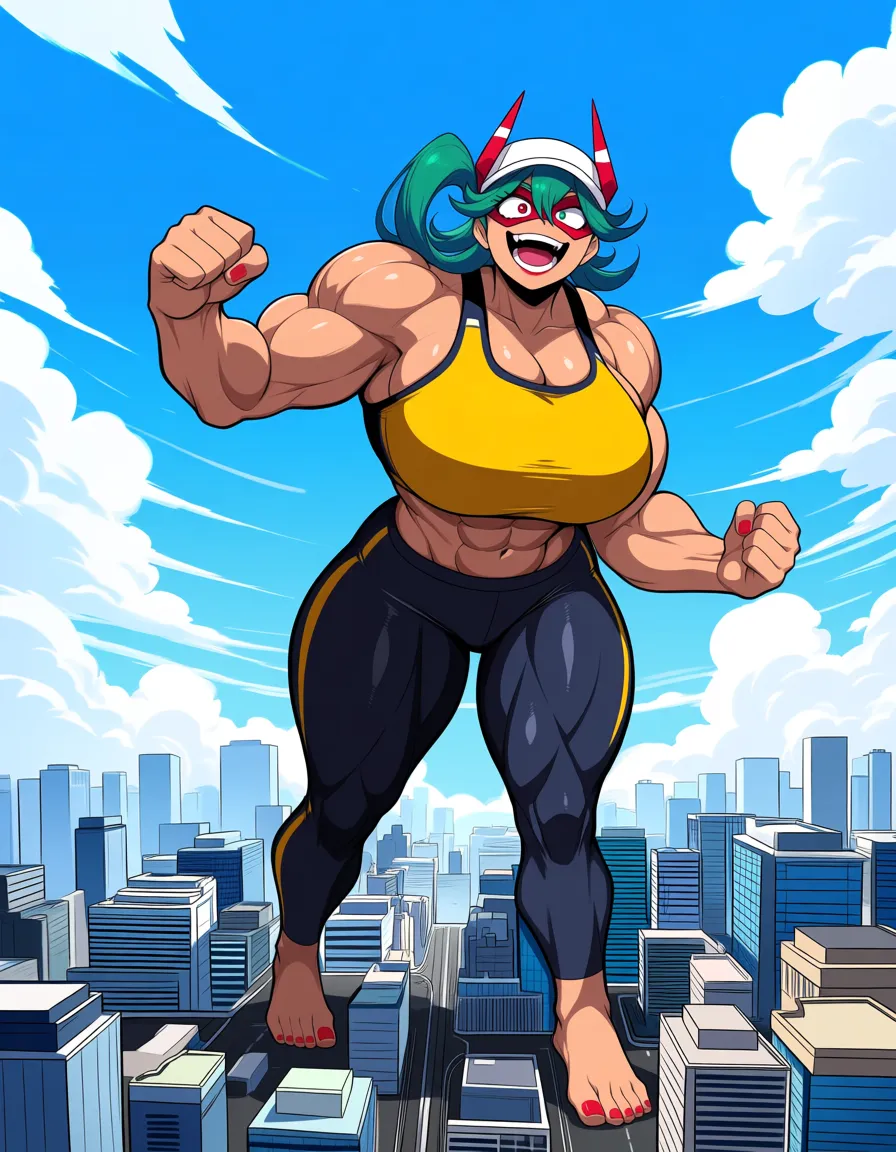 Mt ledy (My hero academia), anthro, muscular female, huge breast, full body, city, giantess, growth, hentai style, hentai_studio_quality