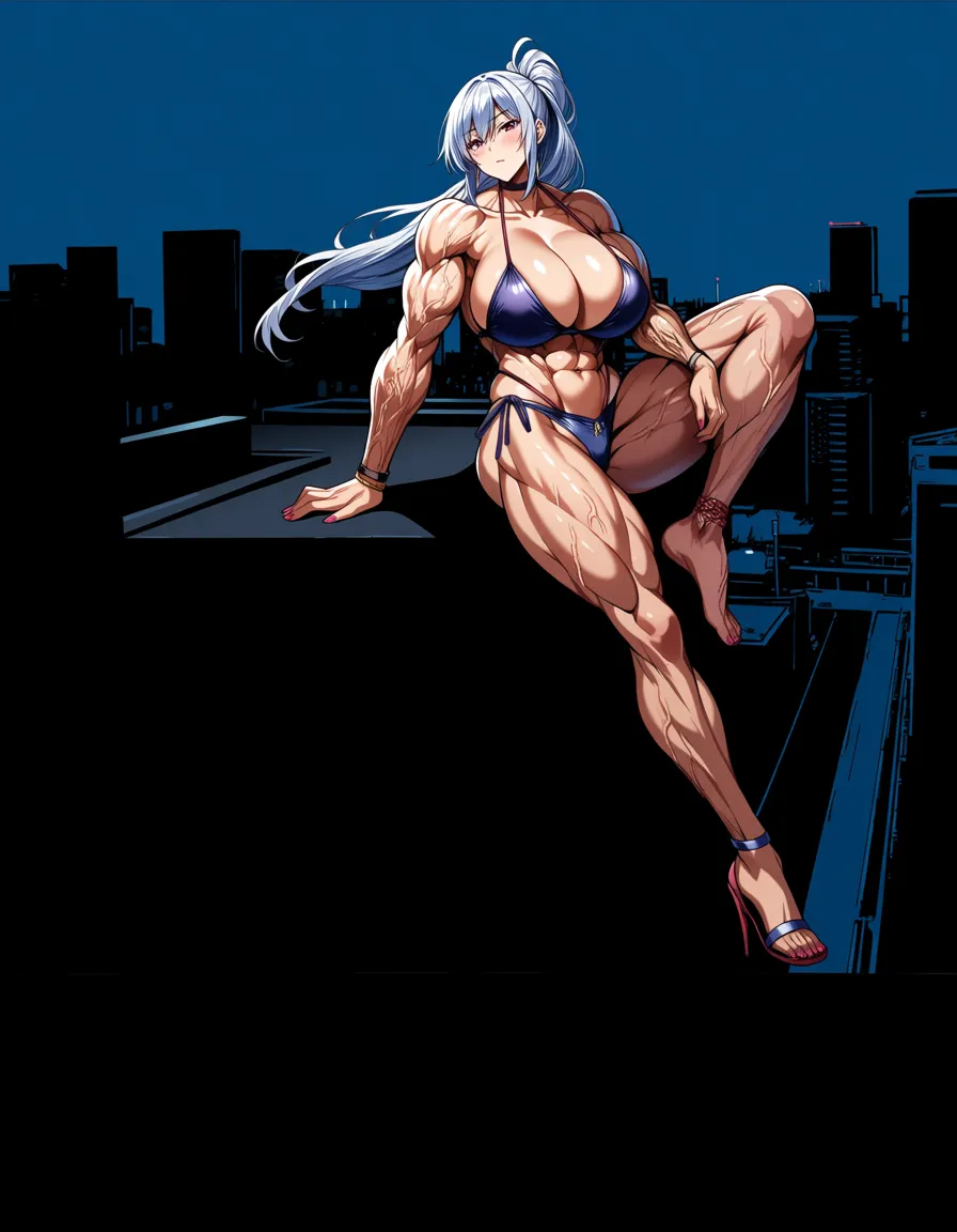 Lorem, musuko ga kawaikute shikatanai, muscular female, huge breast, full body, in city, giantess, growth, sitting, huge veins, alternate breast size, alternate muscle size, stirrups, hentai_studio_quality