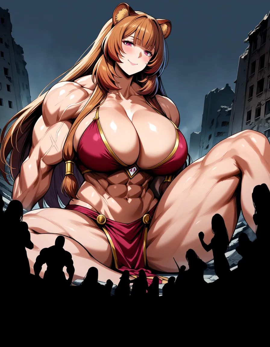 ultra detailed, Raphtalia, cultists around giantess, giantess, maturne female, huge breast, body transformation, muscle mommy, muscular female, loincloth, thick thighs, toned body, in ruins, on ground, sitting, hentai_studio_quality