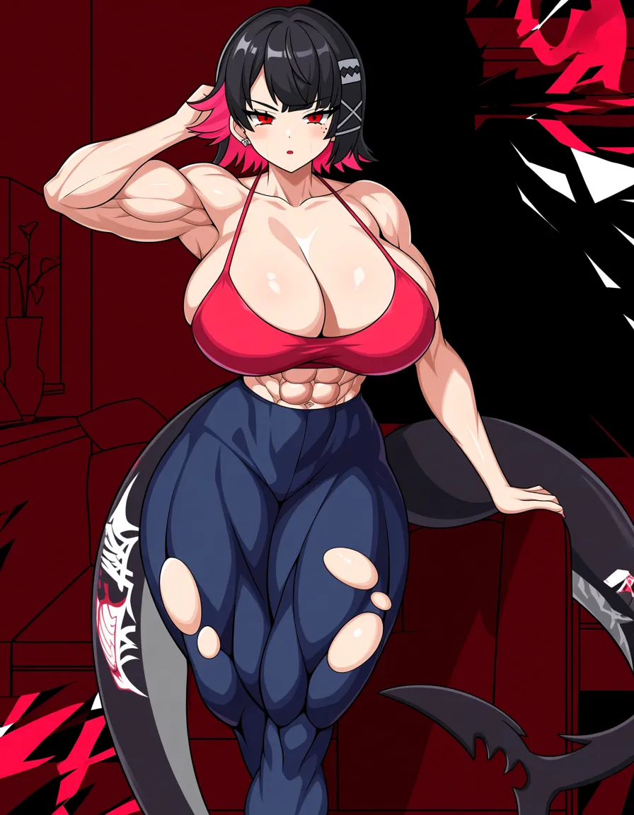 ultra detailed, Ellen joe, large female, taller female, maturne female, stick men, sex, hube muscles, tail huge breast, body transformation, muscle mommy, muscular female, thick thighs, toned bod, torn clothes, bulging breasts, in living room, growing female, tight clothes, hentai style, hentai_studio_quality