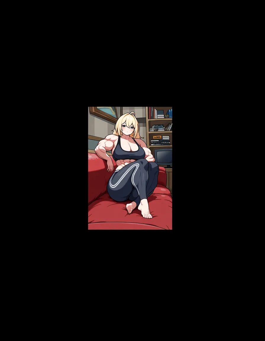 Femal, @burnice_white, zenless zone zero, solo, living room, athletic female, curvy figure, massive female, mature female, muscular female, massive muscule, hentai_studio_quality