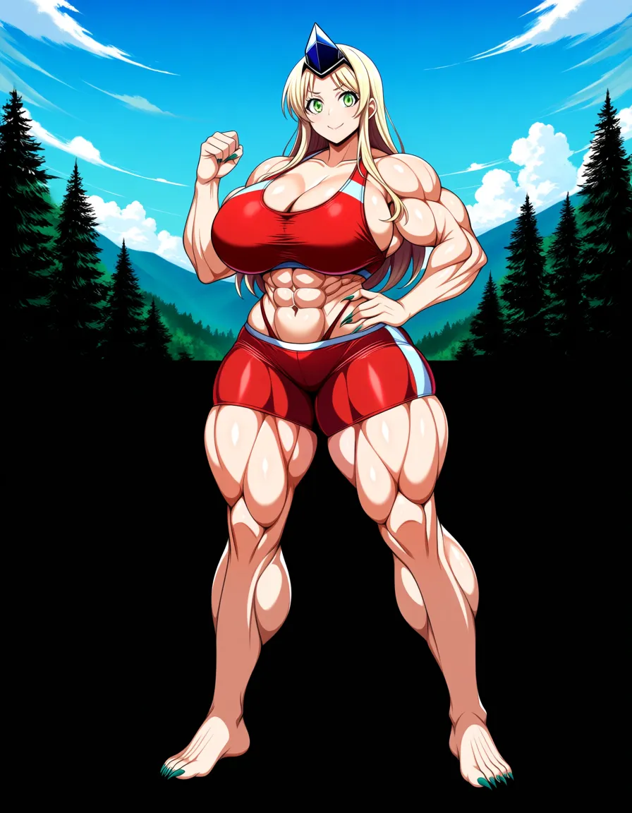 Tionishia, athletic female, huge breasts, huge muscles, hyper muscles, extreme muscles, full body, macroe, giantess, outdoors, forest on background, sharp fingernails, hentai_studio_quality