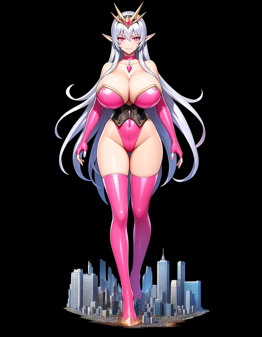 slaanesh (idiotoftheeast), warhammer 40000, chaos god, black_corset, demon girl, elf ears, fingerless_gloves, pink choker, pink_eyes, pink gemstone, pink thong leotard, silver hair, hourglass figure, tiara, huge breasts, giantess, cityscape, city destruction, light_smile, full_body, walking, /ultra_detailed, /masterpiece, /best_quality, hentai_studio_quality