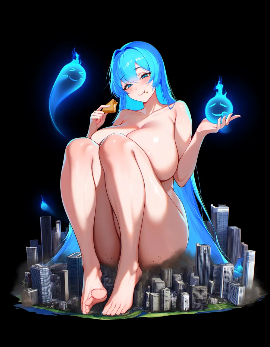 @matoi_ryuuko, nude, huge breasts, giantess, cityscape, city destruction, light_smile, full_body, sitting, 5 fingers, 5 toes, female eats, ghosts all around, /ultra_detailed, /masterpiece, /best_quality, hentai_studio_quality