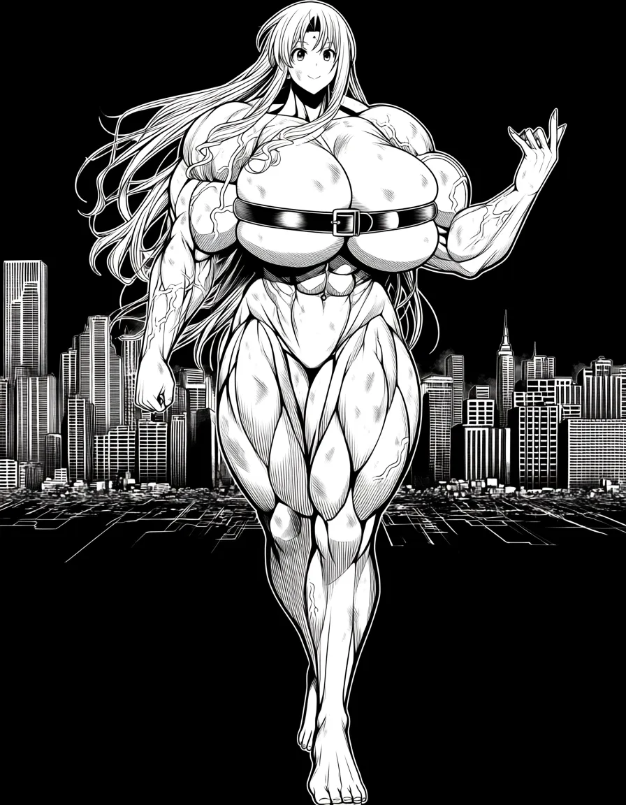 tionishia, naked, nude, gigantic breasts, muscular_female, gigantic muscles, huge female, cityscape, city destruction, walking, 5 fingers, 5 toes, dirty female, veins bulge, belt bra, /ultra_detailed, /masterpiece, /est_quality, hentai_studio_quality