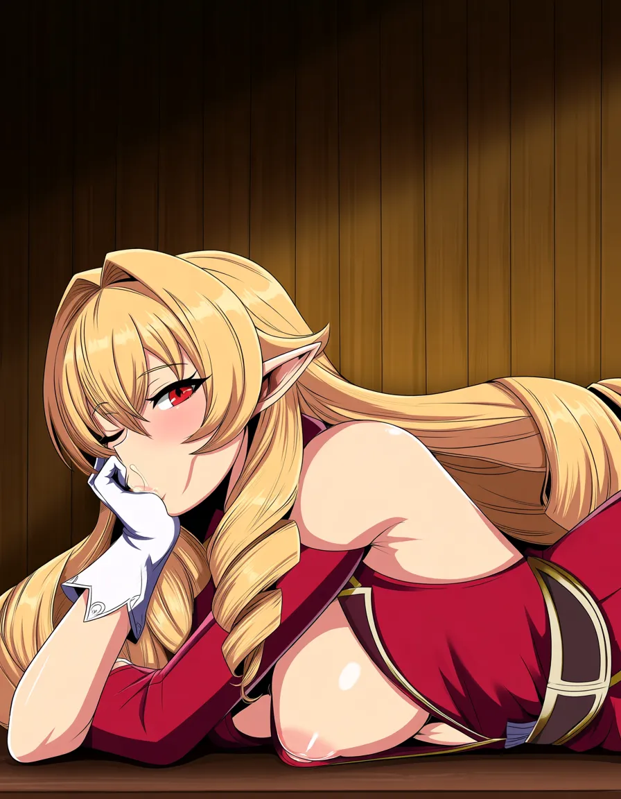 Anime, huge penis, fellatio,cum in mouth,cum overflow, deep throat, Elinalise Dragonroad from Mushoku Tensei, beautiful elf woman with long wavy blonde hair, pointed ears, red eyes, lying on her side in a more profile/side view, resting her cheek on her hand, seductive and relaxed expression, wearing a revealing red top and white gloves, soft indoor wooden background, detailed anime style, vibrant colors, high quality, medium breasts, naughty face, winking at viewer, puffy areola, nipple slip,, hentai_studio_quality