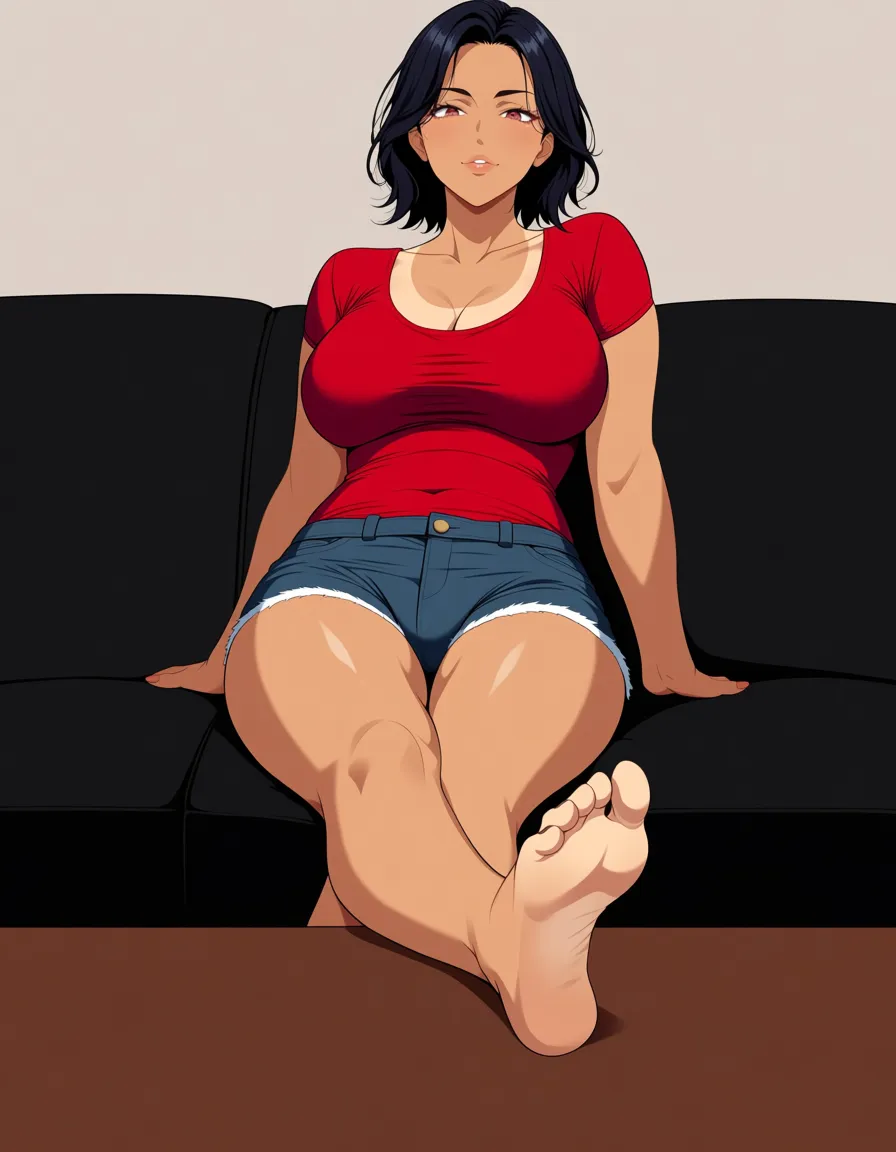 A sassy woman with sunkissed skin, tan skin tone, slightly wavy black hair, her eyes are a soft crimson, she is wearing a tight red shirt that shows off her big natural breasts, a tight denim shorts with a bulge, and her feet crossed and laid bare on the coffee table, low point of view looking from her soles up to her face, luxury black couch she sits atop, fancy living room setting., hentai_studio_quality