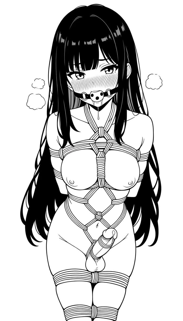 futanari, solo, shibari, rope bondage, arms behind back, takate-kote, hemp rope, ball gag, erect penis, precum, flushed face, anime style, highly detailed, nsfw