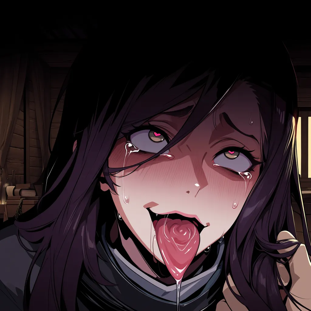 masterpiece, best quality, soft cel shading, eye contact,(deepthroat_blowjob:1.5) enthusiastic fellatio , face focused, head bobbing, expressive, medieval village inn room setting, (lactation:0.5), drool, (comic:2.0), gagging, swirling tongue movement, grabbing_another's_hair, (ahegao:1.3), crossed eye, teary-eyed