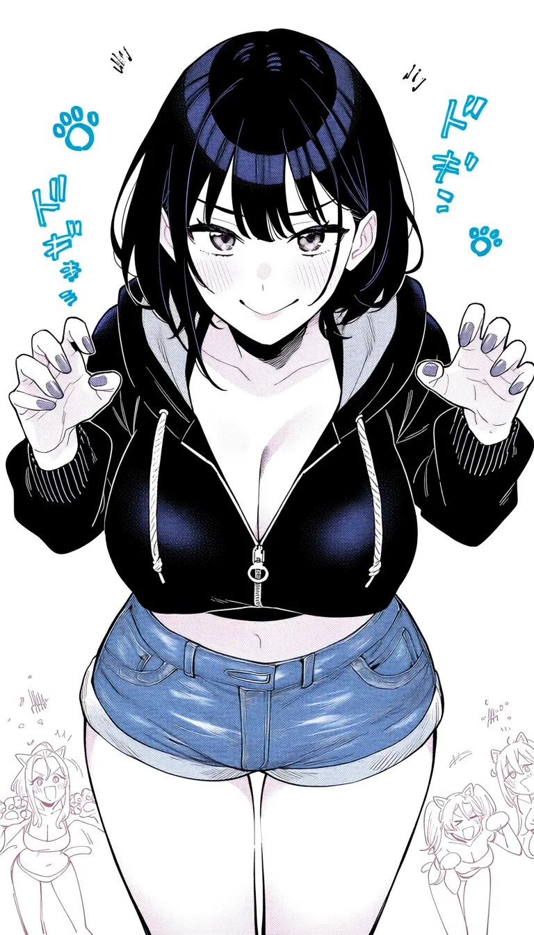 @mirko @uraraka_ochaco @kanroji_mitsuri @ashido_mina 4girls wearing denim_shorts hooded_jacket cleavage zipper paw_pose