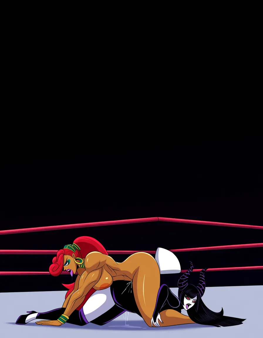 2girls_focus , maleficent , urbosa , wrestling , wrestling_ring , catfight , strapless , orgasm , ahegao , yuri , sex, pussy_juice, defeated, nude, sex_from_behind , doggystyle, reaching_out, hentai_studio_quality