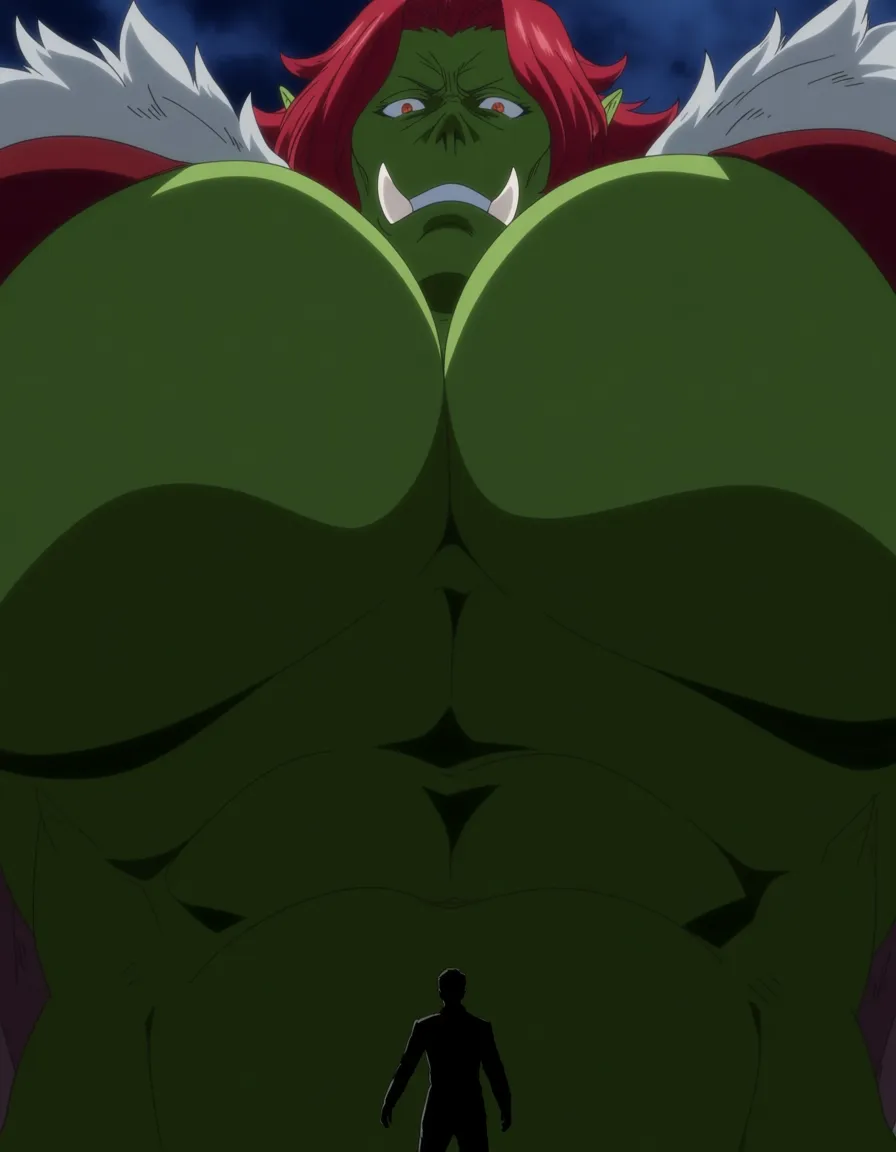 giant green orc lady with big boobs, fur clothing, underboob , cleavage , abs , short_hair , standing over a man, (anime style:1.3), 2d, anime screencap, cel shading, flat color