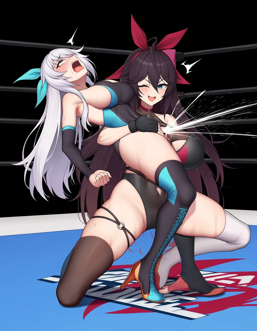 2girls . @yang_xiao_long . Zentreya_(vtuber) , strapon, wrestling , defeated , orgasm ,pussy_juice , wrestling ring,, hentai_studio_quality