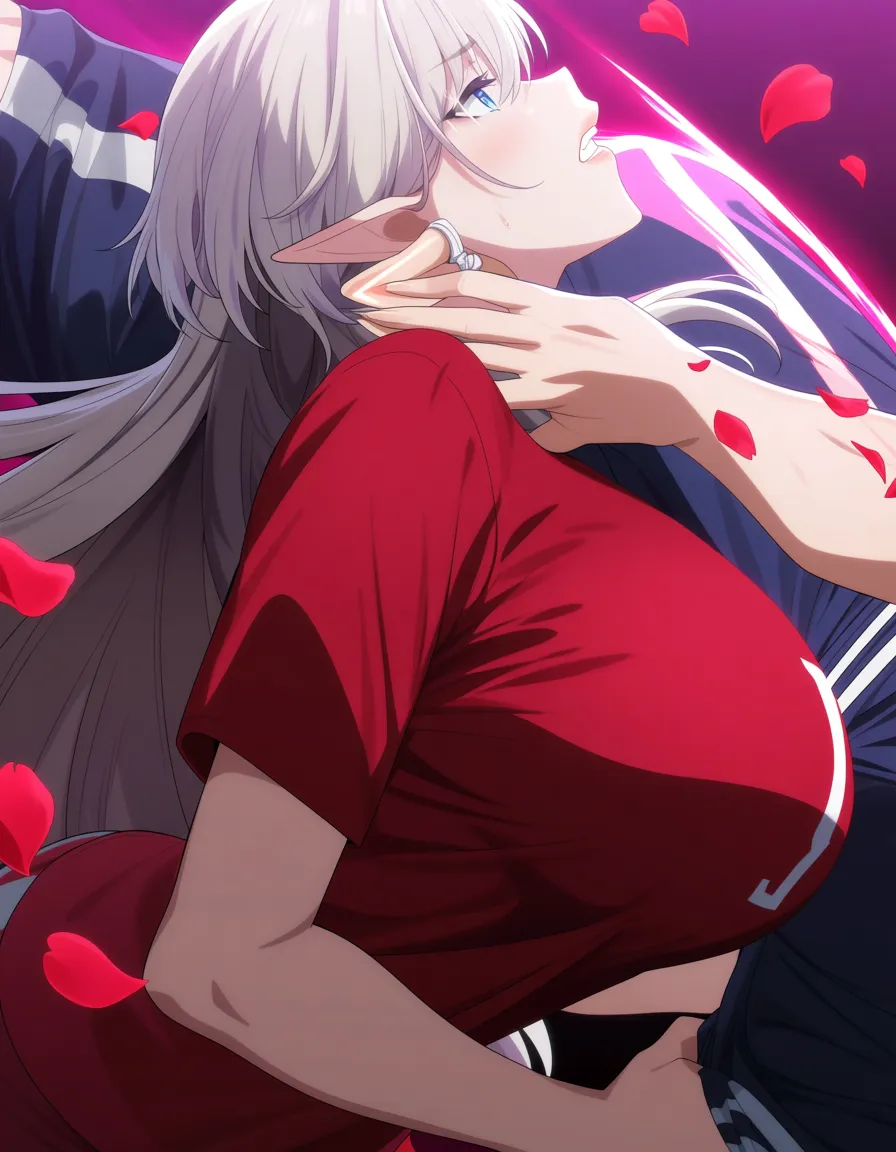 masterpiece, fine detail, elf girl, athletic build, shirt, 69 position, petals, intense passion, soft cel shading, hentai_studio_quality