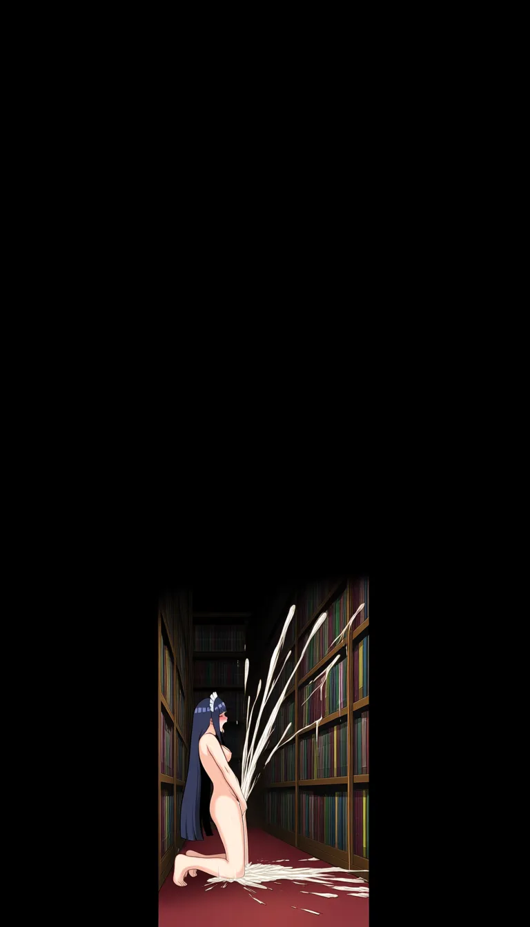 Naruto Uzumaki, standing,@hyuuga_hinata, long_hair, nude, maid_headdress, kneeling, masturbation massive cum shooting moaning, library, hentai_studio_quality