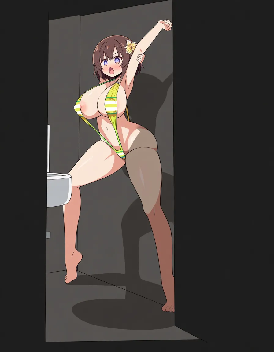 @uiharu_kazari , aged_up , she has a thinner bright yellow and white horizontal stripe slingshot swimsuit with nipple_slip , shes a fit lean body slut bad_anatomy , shes caught in the act embarassed shocked while shes arms up armpits, armpit_pose:1.3, with massive breasts, busty f-cup chest size, bad_anatomy, and huge ass, with massive thick_thighs. In the bathroom. Full body, sexually_suggestive, ecchi style, accurate extreme detail hentai style, anime, absurd shadow shading, absurd cel shading, extremely glossy artstyle, art, absurd lighting, over exaggerated body proportions, massive_breasts, massive_breasts, solo, leaner waist and body, (adult_body:1.3), hair_flower, (anime style:1.3), 2d, anime screencap, cel shading, flat color, (anime style:1.3), 2d, anime screencap, cel shading, flat color. from_side, arching_back, stretching., (anime style:1.3), 2d, anime screencap, cel shading, flat color, hentai style. /highres, /best_quality, (anime style:1.3), 2d, anime screencap, cel shading, flat color