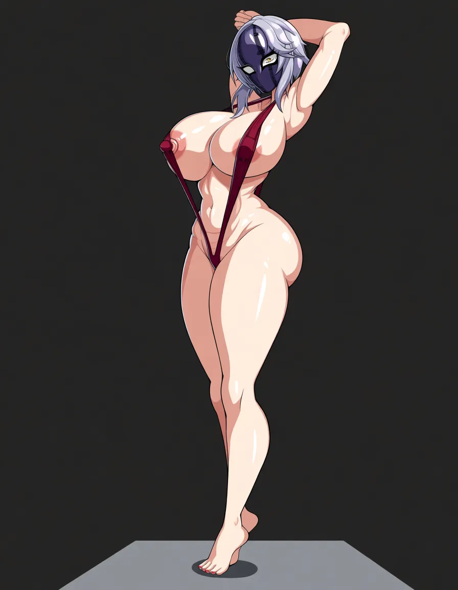 @tsurugi_(blue_archive) on the mask, aged_up , she has a thinner dark red stripped slingshot swimsuit with nipple_slip , shes a fit lean body slut bad_anatomy , shes caught in the act embarassed wide eye and caught silly while shes arms up armpits, armpit_pose:1.3, with massive breasts, busty f-cup chest size, bad_anatomy, busty, and huge ass, with massive thick_thighs. In the bathroom. Full body, sexually_suggestive, ecchi style, accurate extreme detail hentai style, anime, absurd shadow shading, very absurd cel shading, extremely glossy artstyle, art, absurd lighting, absolutely over exaggerated body proportions, (extremely_hyper_leaner_and_fitter_body:1.1), gigantic_massive_breasts, extremely_massive_breasts, solo, leaner waist and body, (adult_aged_up_body:1.3), (anime style:1.3), 2d, anime screencap, cel shading, flat color, (anime style:1.3), 2d, anime screencap, cel shading, flat color. from_side, arching_back, stretching., (anime style:1.3), 2d, anime screencap, cel shading, flat color, hentai style. /highres, /best_quality, (anime style:1.3), 2d, anime screencap, cel shading, flat color, (hentai style:1.3), 2d, anime screencap, cel shading., accurate suggestion., (anime style:1.3), 2d, anime screencap, cel shading, flat color, (anime style:1.3), 2d, anime screencap, cel shading, flat color
