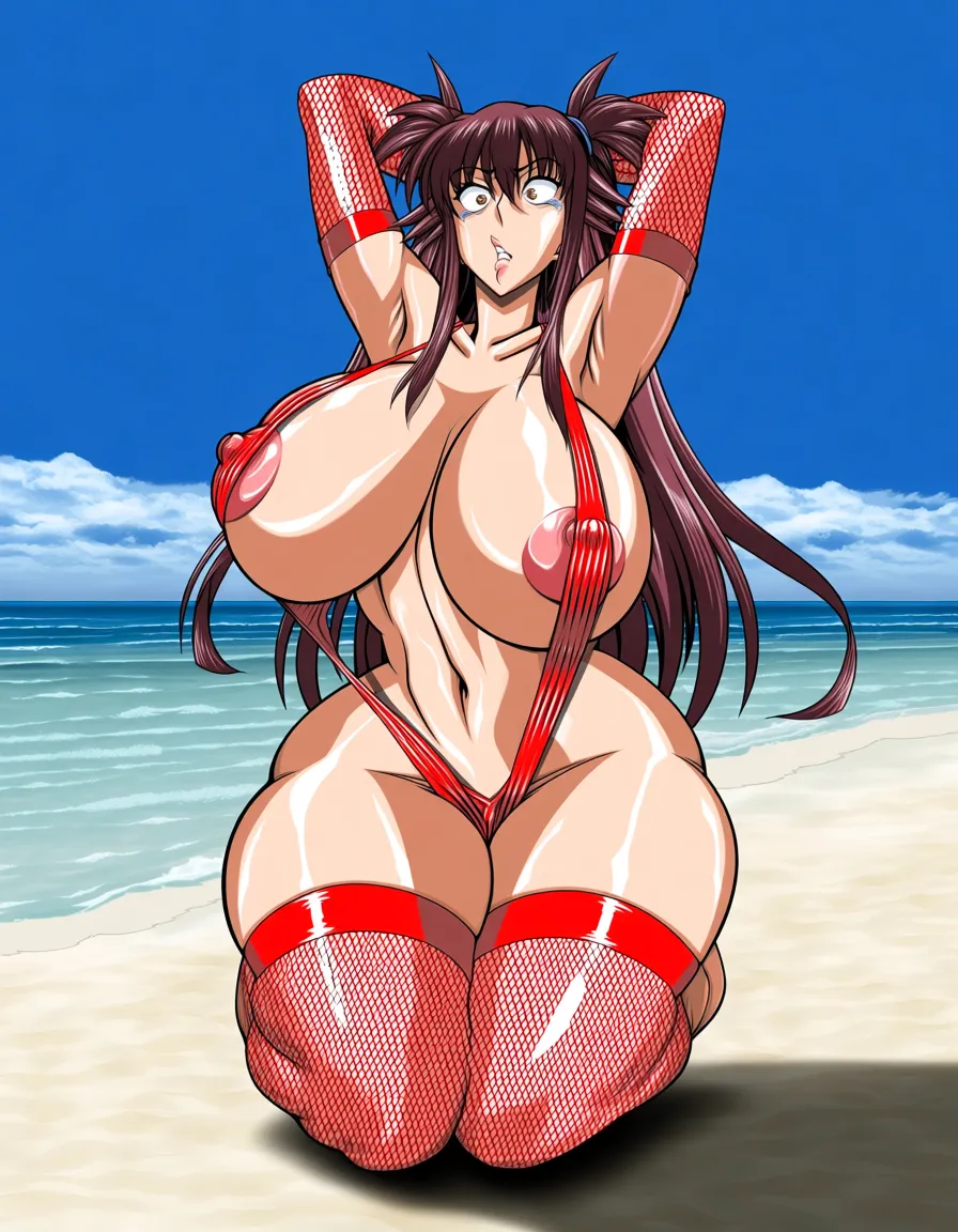Hentai style, @koakuma with wings but busty, aged_up , she has a thinnest glossy red stripped slingshot swimsuit with areola nipple_slip with both red fishnets thigh highs and fishnets arm stockings, shes a fit lean body slut bimbo bad_anatomy , shes caught in the act embarassed wide eyes and caught silly while shes arms up armpits, with massive breasts, busty f-cup chest size, bad_anatomy, busty, and huge ass, with massive thick_thighs. In the beach. Full body, sexually_suggestive, ecchi style, accurate extreme detail hentai style, anime, absurd shadow shading, very absurd cel shading, extremely glossy artstyle, art, absurd lighting, absolutely over exaggerated body proportions, extremely_hyper_leaner_and_fitter_body, gigantic_massive_breasts_bigger_than_head, huge_thighs, extremely lean waist, fit body type, stretching, extremely_massive_breasts, big_pussy_cheeks, solo, leaner waist and body, (adult_aged_up_body:1.3), accurate suggestion, /sharp_focus /best_quality /sharp_focus,,, hentai art style lines, hentai style shading, raw hentai style, ero-enzo style, cum_covered_armpits, cum_covered_tits., (anime style:1.3), 2d, anime screencap, cel shading, flat color