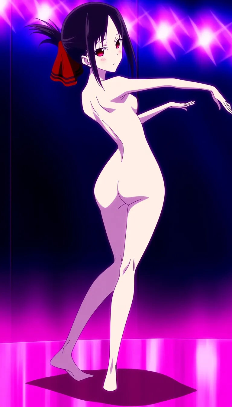 Shinomiya Kaguya from love is war, entirely nude, blushing, skinny, thin legs and arms, tall, very seductive dance, moving hips back and forth, professionally lit room, colorful,