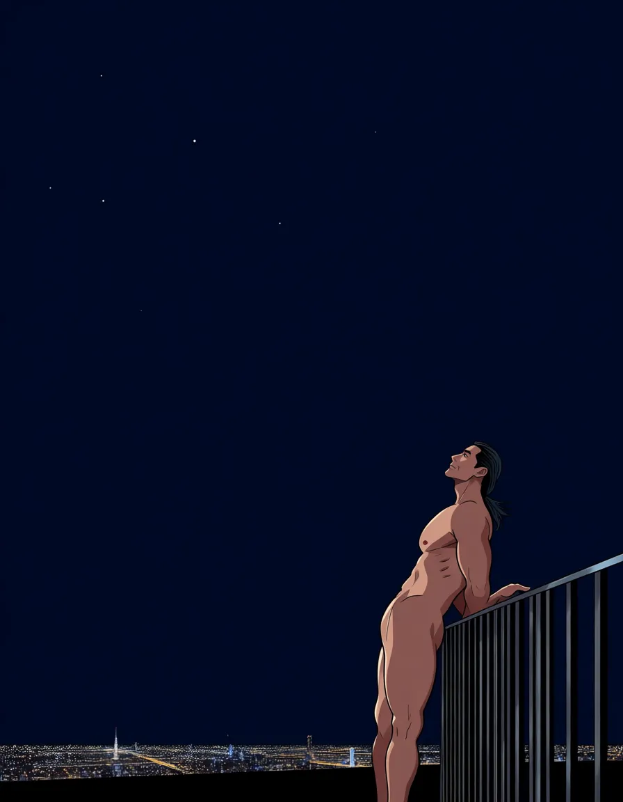 masterpiece, best quality, explicit detail, adult man 25 years old, tall and lean, long dark hair tied back, fully nude, leaning against a railing looking at the city, BREAK city rooftop at night, city lights below, starry night sky, hentai_studio_quality