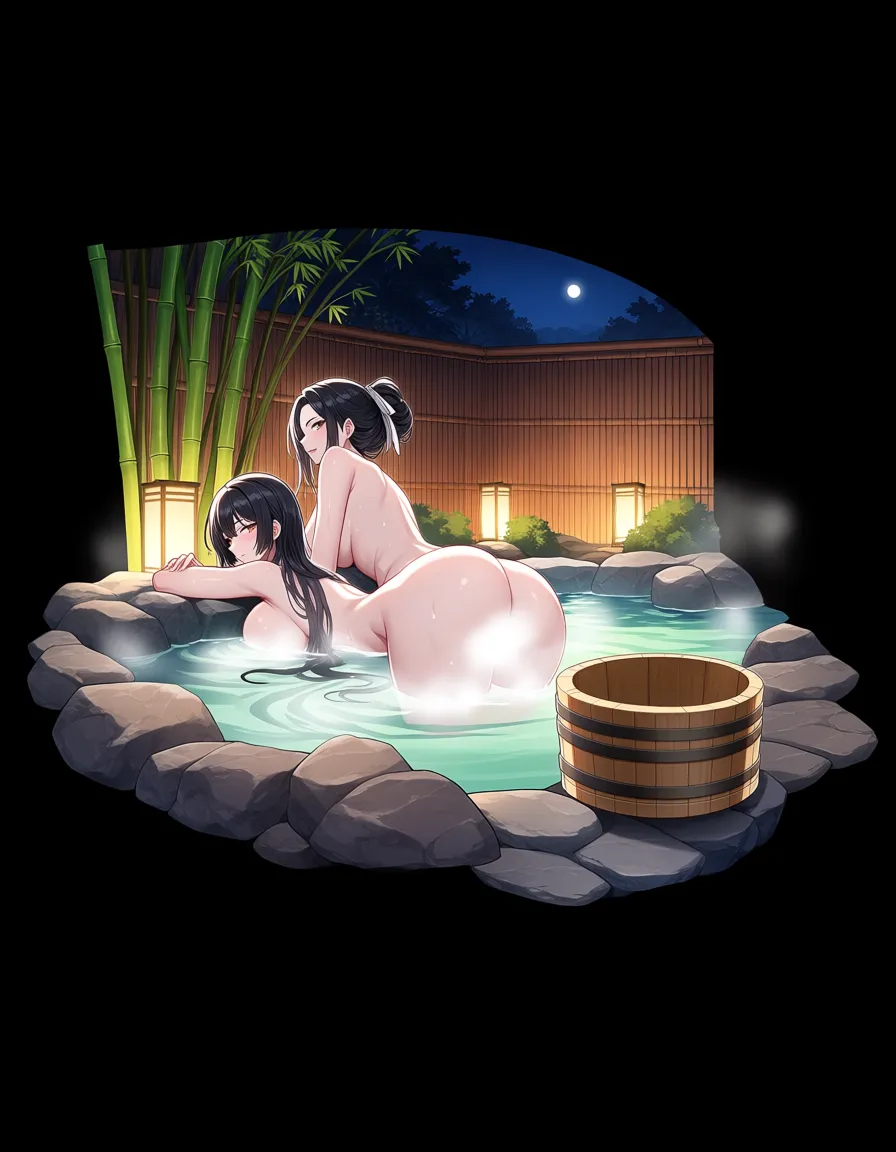 masterpiece, best quality, explicit detail, adult woman 24 years old, long black hair tied up with a ribbon, pale skin, fully nude, bathing in a hot spring, steam curling around her body, BREAK outdoor onsen at night, wooden barrels, rocks, bamboo, soft lantern light, hentai_studio_quality