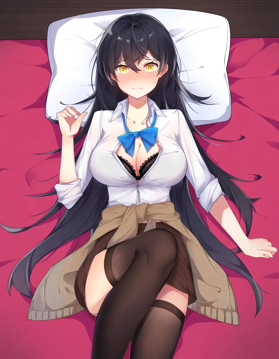 #akairiot_artstyle, @candice_(pokemon), pokemon, 1girl, solo, black_hair, hair_down, yellow_eyes, full-face_blush, embarrassed, cleavage, large_breasts, bra, blue_bowtie, loose_bowtie, collared_shirt, white_shirt, partially_unbuttoned, brown_skirt, sweater_around_waist, blue_sweater, pillow, full_body, lying, on_back, on_bed, from_above, hentai_studio_quality