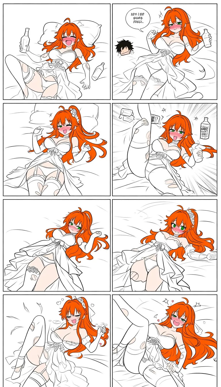 gangbang, long_dress, very_long_hair, wedding_dress, torn_stockings, bridal_garter, orange_hair, narrow_waist, wide_hips, big_eyes, foxy_eyes, seductive green eyes, buffy's face, freckles, bed, used_condom, strikingly beautiful, fresh, radiant complexion, drunking smile, excited, pleasure face, orgasm, torn thighhighs, torn panties, laying, natural lighting, 20_year_old