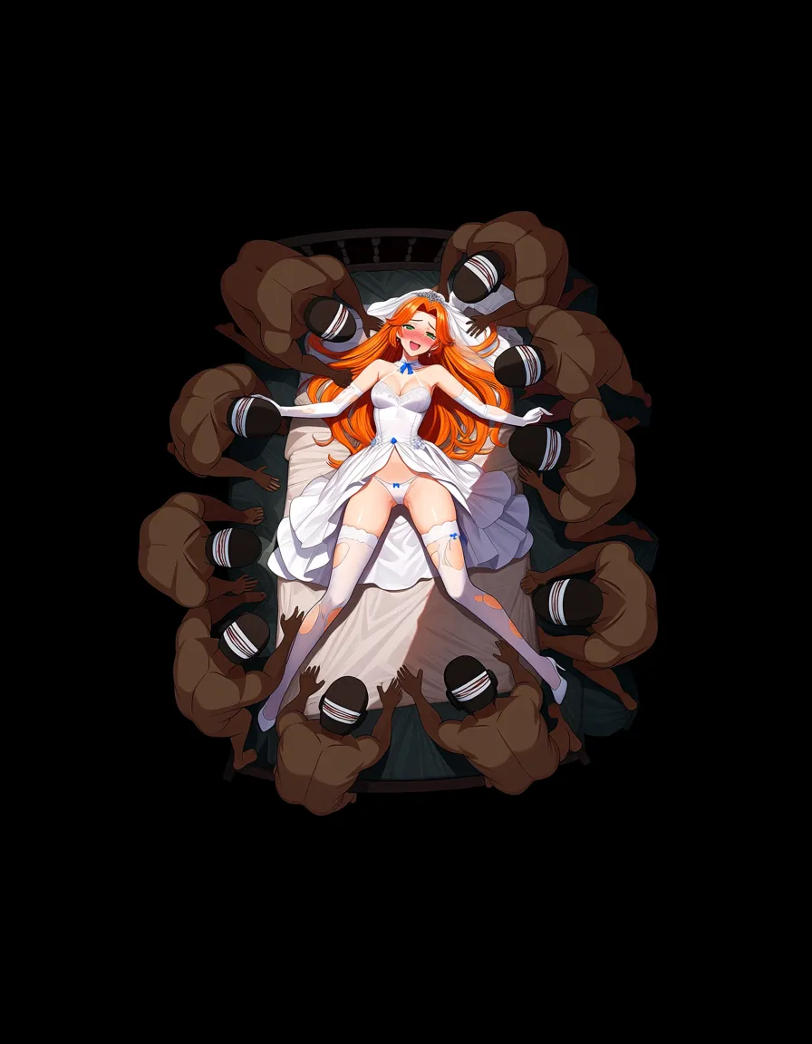 gangbang, long_dress, very_long_hair, wedding_dress, torn_stockings, white_thighhighs, bridal_garter, orange_hair, narrow_waist, thin, small_breasts, wide_hips, big_eyes, foxy_eyes, doe_eyes, seductive green eyes, buffy's face, freckles, bed, used_condom, strikingly beautiful, fresh, radiant complexion, drunking smile, excited, pleasure face, orgasm, torn thighhighs, torn panties, natural lighting, 18 year old woman, creampie, laying on bed surrounded by men in suites who take turns fucking her, hentai_studio_quality