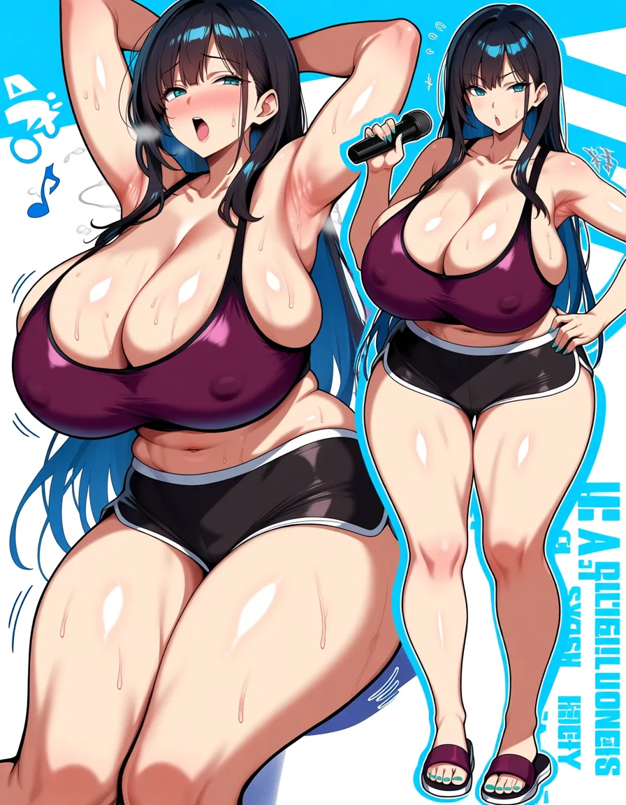 best quality, polished, milf, curvy figure, plump huge_breasts wide_hips huge_ass white_tank_top micro_shorts sandals skin_tight nipple_slip sweat sweatdrop arm_up holding_microphone sweaty armpits sultry lustful gaze jazz musical_note jazzy singing, hentai_studio_quality
