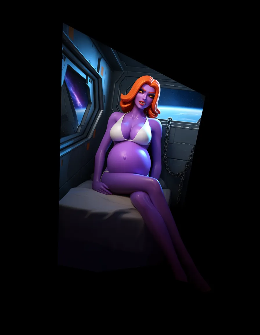 alien woman, purple skin, orange hair, pregnant, white bikini, chained to bed, lustful eyes, looking_at_viewer, metallic room, window looking out into space, score_9, score_8, 3d render, octane render, subsurface scattering, ray tracing, smooth shading