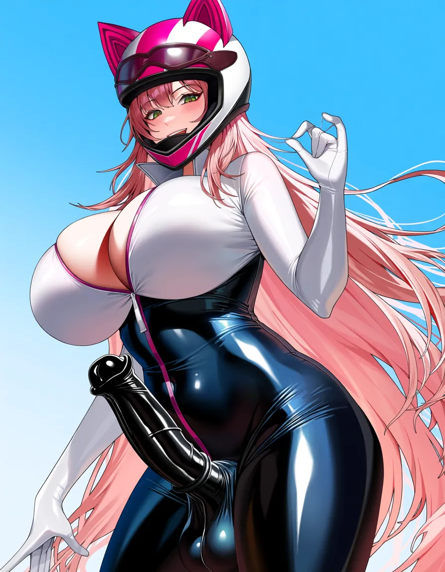 Narrow shoulders,insanely wide hips,very large breasts,horse penis futanari,pure white penis,large horse penis,pure white skin tight latex jumpsuit,motorcycle helmet with cat ears,big head,fully clothed,masterpiece,detailed shading,best quality,high detail,@Heaven (jinsang_3d), hentai_studio_quality