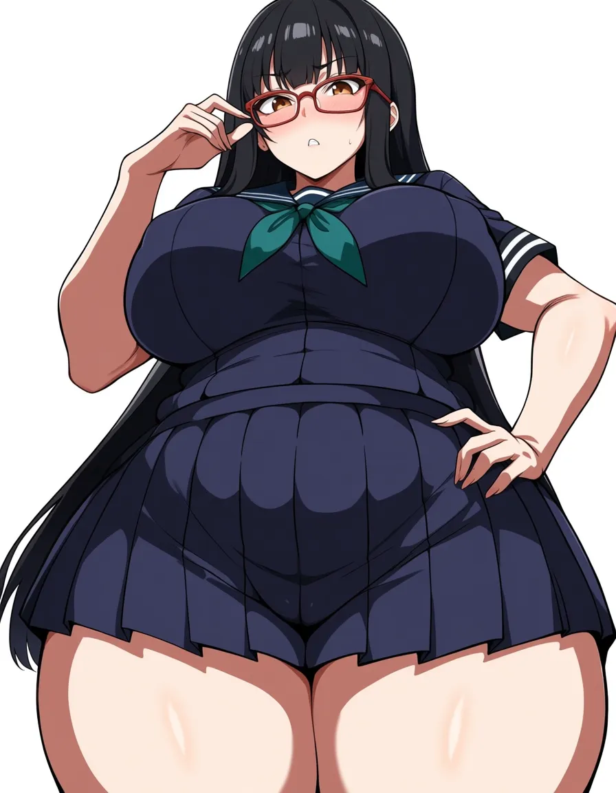 School girl,chubby,long black hair,glasses,large breasts,wide hips,thick thighs,school uniform,blushing,embarrassed,short skirt,nipple bulge, hentai_studio_quality, hentai_studio_quality
