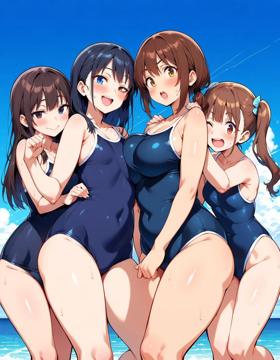 Ultra high detail,big hrads,small breasts,insanely plump thighs,large asses,various hairstyles,school girls,school swimsuits,group of school girls,beach,happily paying on the beach, hentai_studio_quality