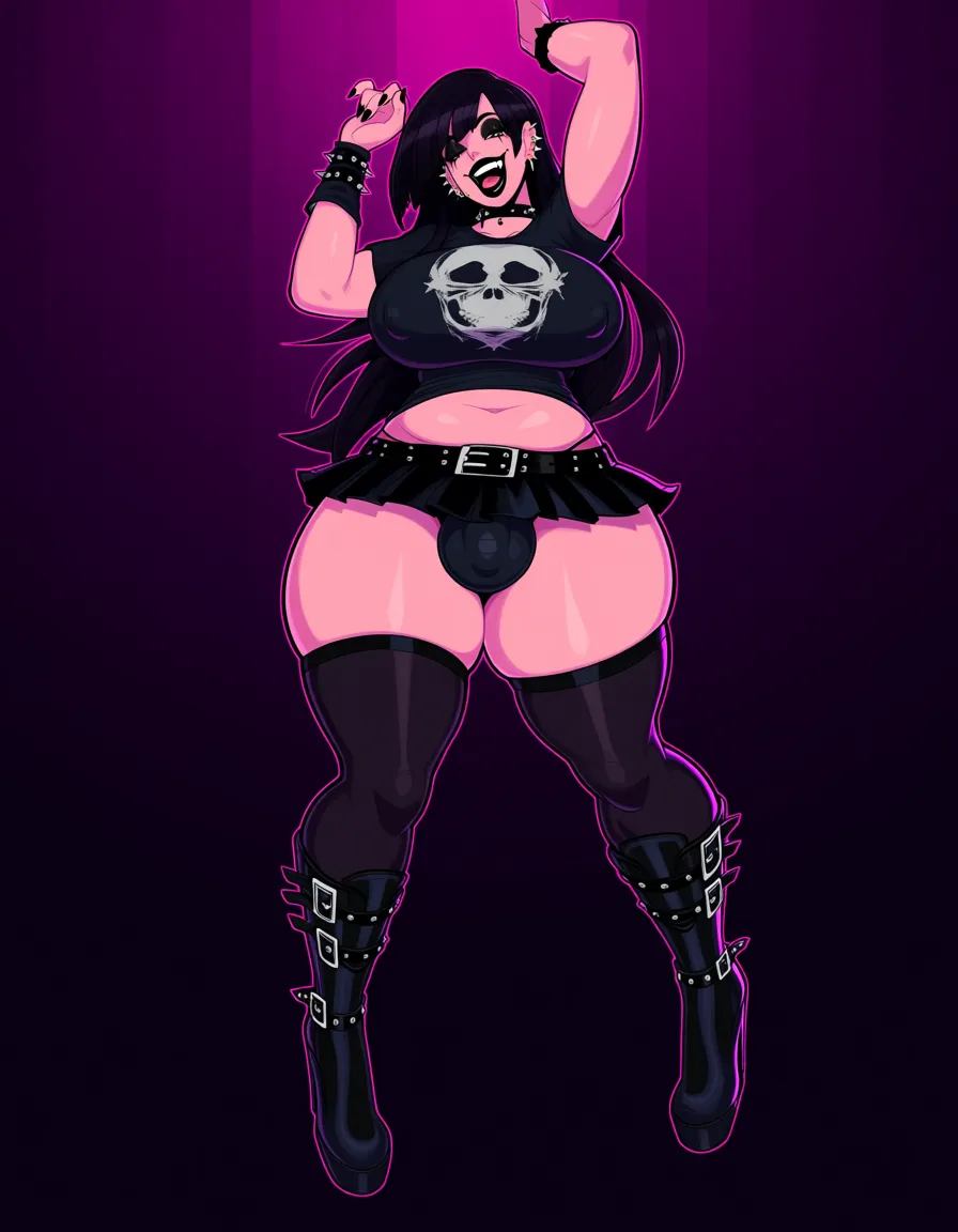 high detail,best quality,masterpiece,milf,futanari,goth,long black hair,black lipstick,plump lips,torn black t-shirt with a skull on it,black thigh highs,black boots with buckles on them,short black skirt,black nail polish,spiky wristbands,spiky choker,big bulge,nighttime,bedroom,soft neon pink lighting,front view,nipple bulge,large breasts,insanely plump hips,insanely plump thighs,large ass,bbw,chubby,stomach visible,bellybutton piercing,multiple ear piercings,laying on her back, hentai_studio_quality