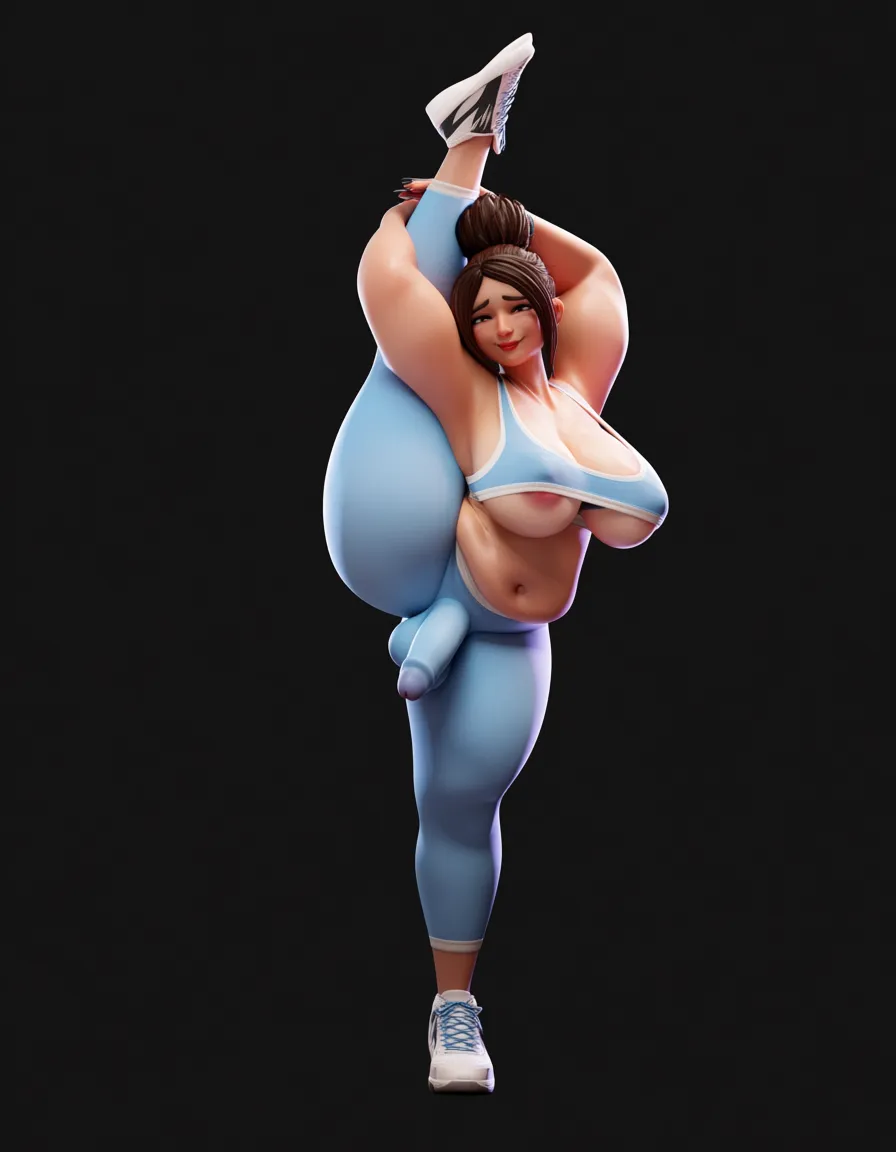 Milf,futanari,dark brown hair in a bun,very chubby,large breasts,insanely plump thighs,large penis,gigantic testicles,yoga pants,sports bra,inverted nipples,nipple bulge,penis sticking out of the top over pants,testicle bulge in her pants,doing the middle splits,front view,wide view,close eyes,sweaty skin,shiny skin, score_9, score_8, 3d render, octane render, subsurface scattering, ray tracing, smooth shading