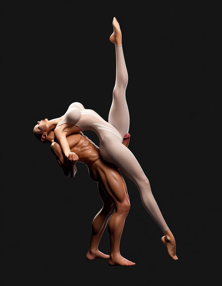 dominating hot ballerina performing an extreme ((handjob)) to a man. She showing off her flexibility and is on the shoulders of the man in a dominating position. They are cumming profoundly. The man is suffering. She's wearing a tight-fitting semi transparent bodystocking outfit. The tight bodysuit shows off her perfect gymnast flexible body and long slim legs, athletic toned body with curves slimness, ((abs)), and large breasts, thighs, ((high lifted ass)), arched back, unrealistic body standards, barefoot, realistic skin, realistic face, (full_body), intricate details, hentai_studio_quality, score_9, score_8, 3d render, octane render, subsurface scattering, ray tracing, smooth shading