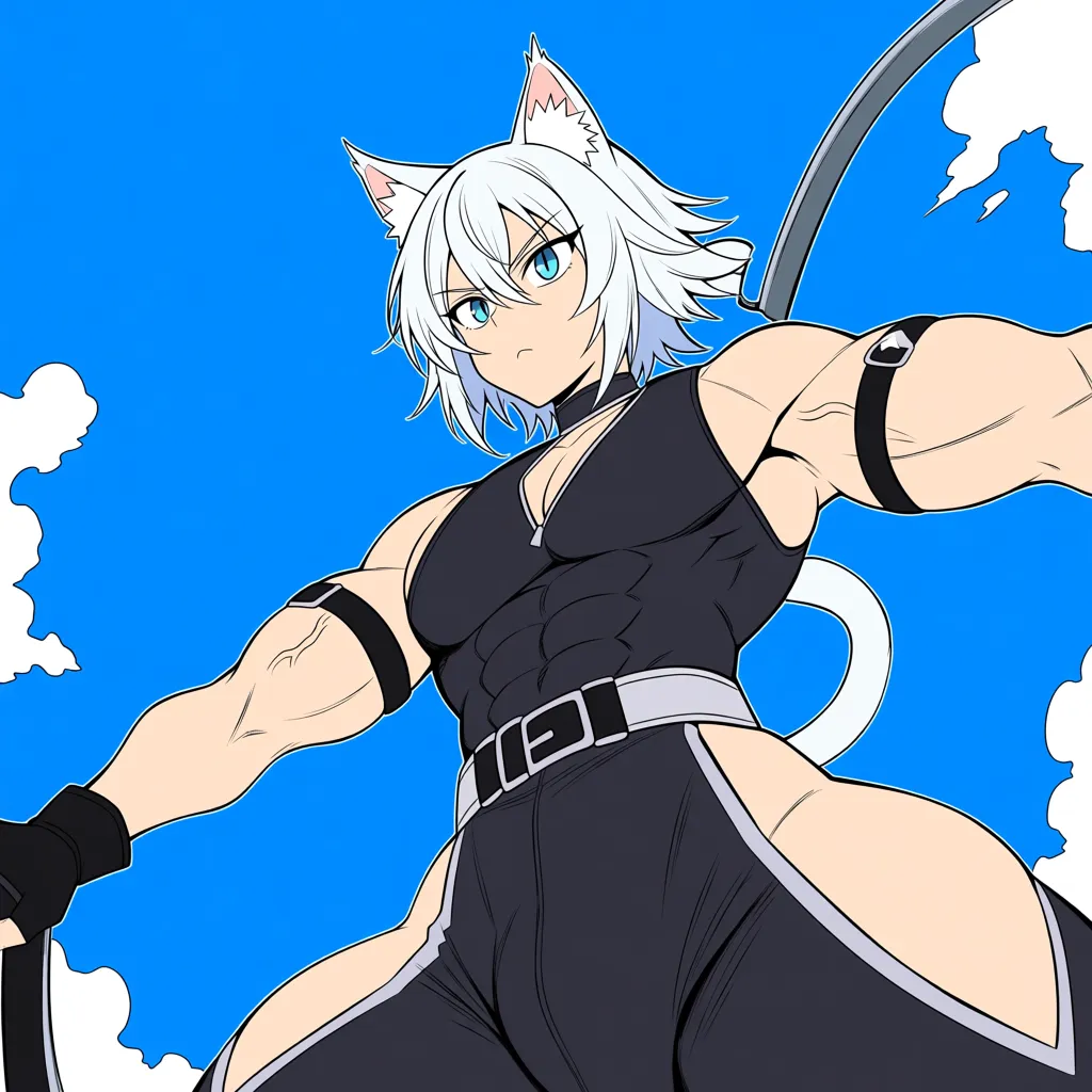 best quality, clean lines, catgirl, riding, muscular male, black gloves, day, manga aesthetic