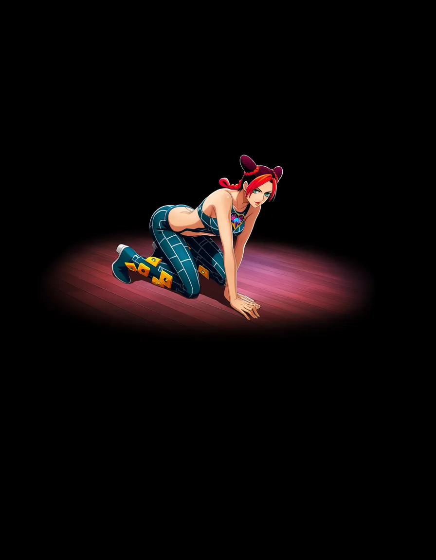 kujo jolyne, 8k, sharp focus, detailed skin, redhead woman, feet, bikini, on all fours, day, three-quarter view, spotlight, studio photo, hentai_studio_quality