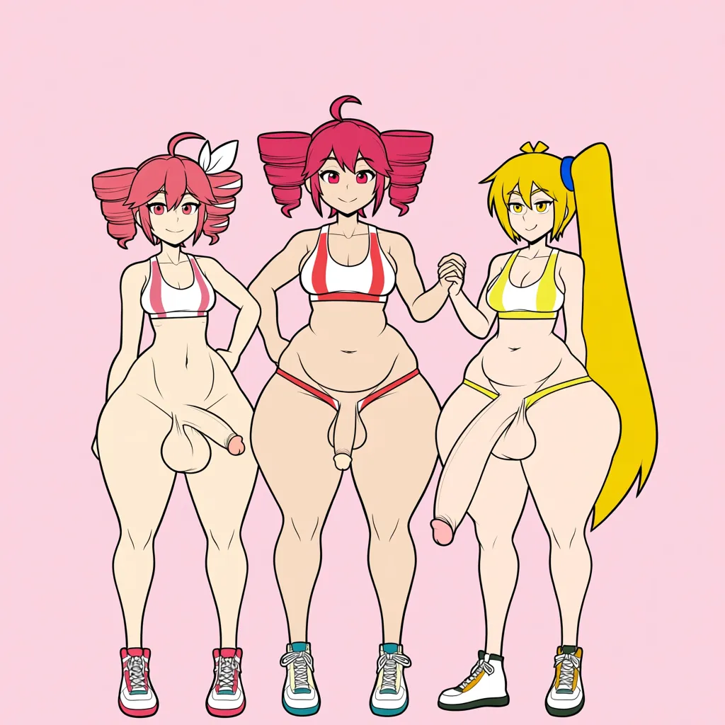 Huge and fat penis, huge balls, hatsune_miku, Kasane_teto, akita neru, 3 peoples, futanari, penis_size_difference, Public_shower, athletic, plump, height difference, huge_penis, huge_ass, small_ass, small_penis, (anime style:1.2), webtoon, manhwa, clean lineart, soft cel shading, flat pastel color