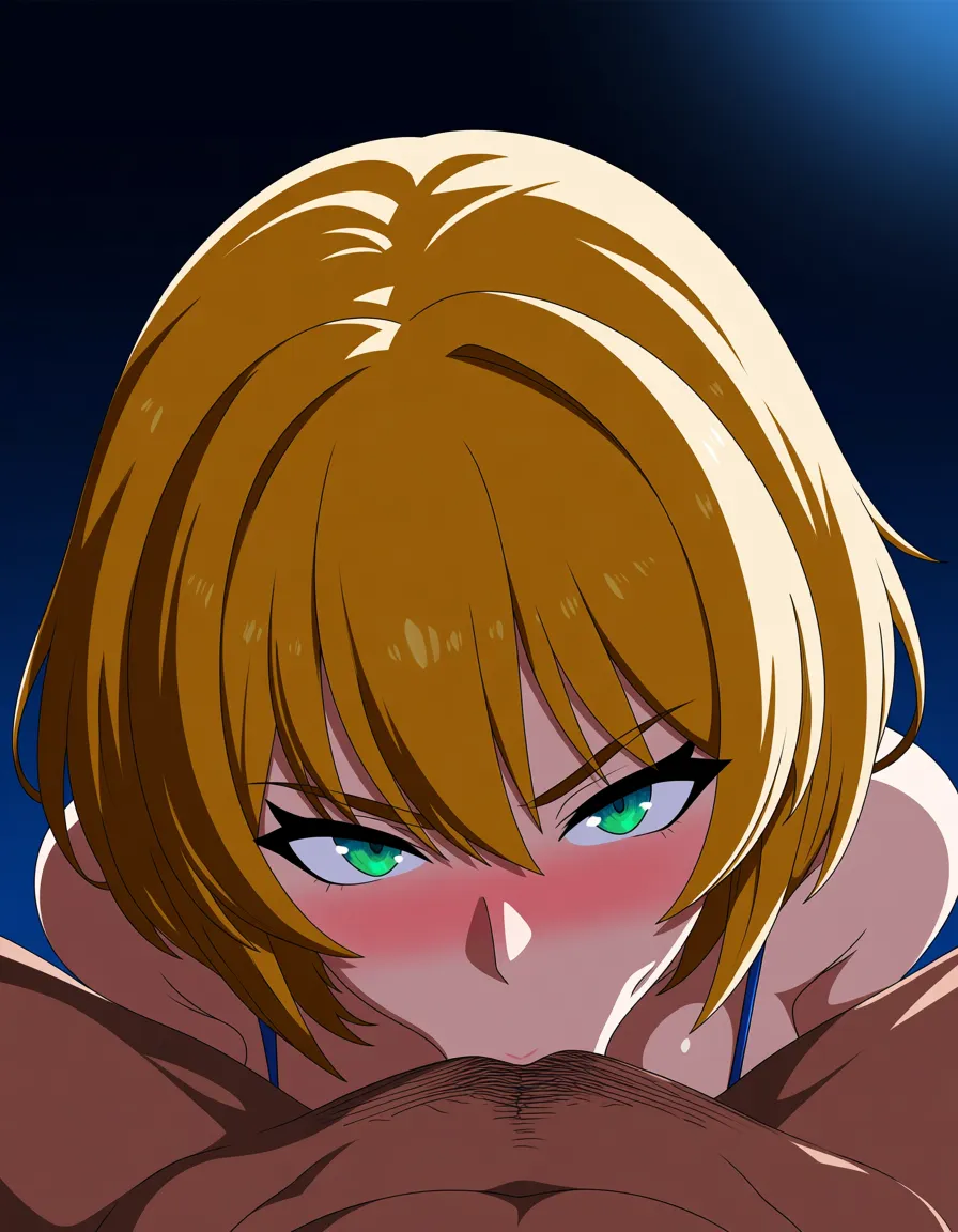 afrobull_artstyle, @moriya_suwako, 1girl, blonde_hair, short_hair, aged_up, medium_breasts, naughty_face, :>, fellatio, deepthroat, looking_at_viewer, looking_up, pov, from_above, hentai_studio_quality