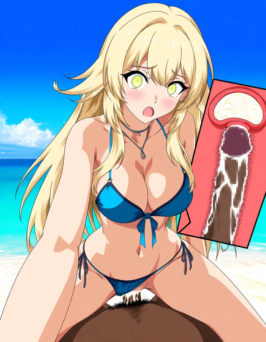 x-ray, cum_in_pussy, impregnation, cowgirl_position, selfie, surprised, blue_bikini, blonde_hair, long_hair, breasts_out, panties_aside, sex, beach, (anime style:1.3), 2d, anime screencap, cel shading, flat color, @00osamio00