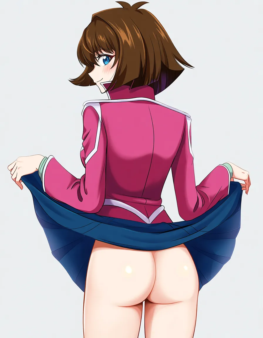 /masterpiece, /ultra_detailed, #akairiot_artstyle, @mazaki_anzu, yu-gi-oh!, yu-gi-oh!_duel_monsters, 1girl, solo, short_hair, brown_hair, blue_eyes, blush, smile, domino_high_school_uniform, pink_jacket, blue_skirt, skirt_lift, lifting_own_clothes, ass, no_panties, standing, looking_back, from_behind, hentai_studio_quality