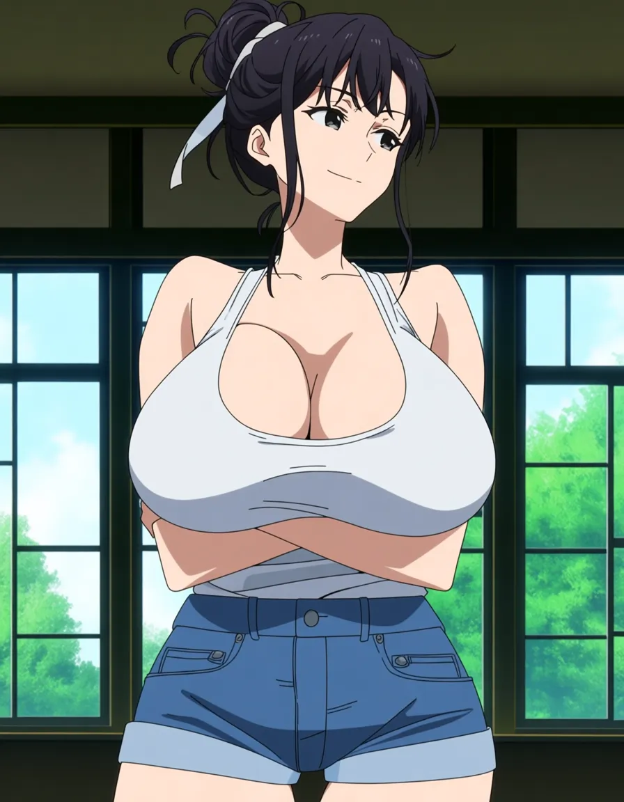 kazehana, 1girl, black eyes, black hair, long hair, ponytail, hair ribbon, smile, front view, large breasts, thighs, hips, Anime style, young woman with hair in a messy bun, eyes, slight blush, looking back over her shoulder. Wearing a tight white tank top that emphasizes her extremely large breasts, blue denim shorts. Arms crossed under her chest, indoor room with large windows and green trees outside, sexy, [bold-anime-screencap-style], (anime style:1.3), 2d, anime screencap, cel shading, flat color