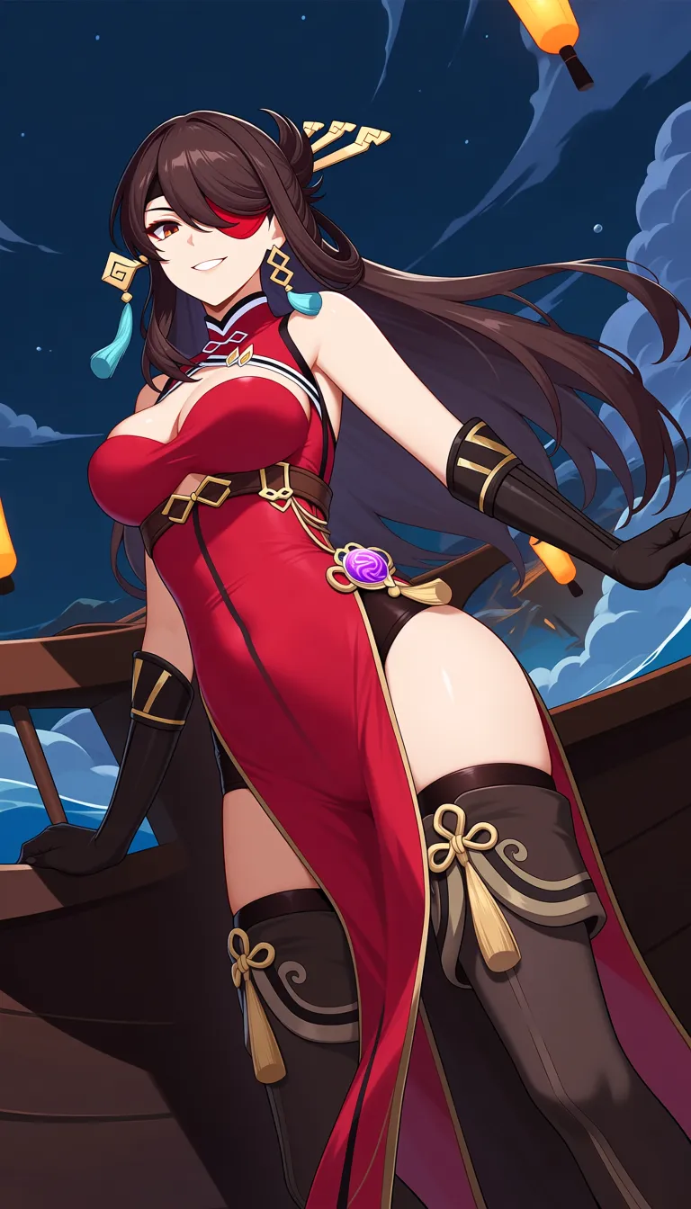 Masterpiece, 1girl, Beidou character from genshin impact , look at viewer, Medium
breasts, outfit, pull cheongsam aside, Brave Smile, Cameltoe, lightweight body, boat background .,,, value:0.1 for: hentai_studio_quality.,,,,.,,, hentai_studio_quality, hentai_studio_quality, hentai_studio_quality, hentai_studio_quality, hentai_studio_quality