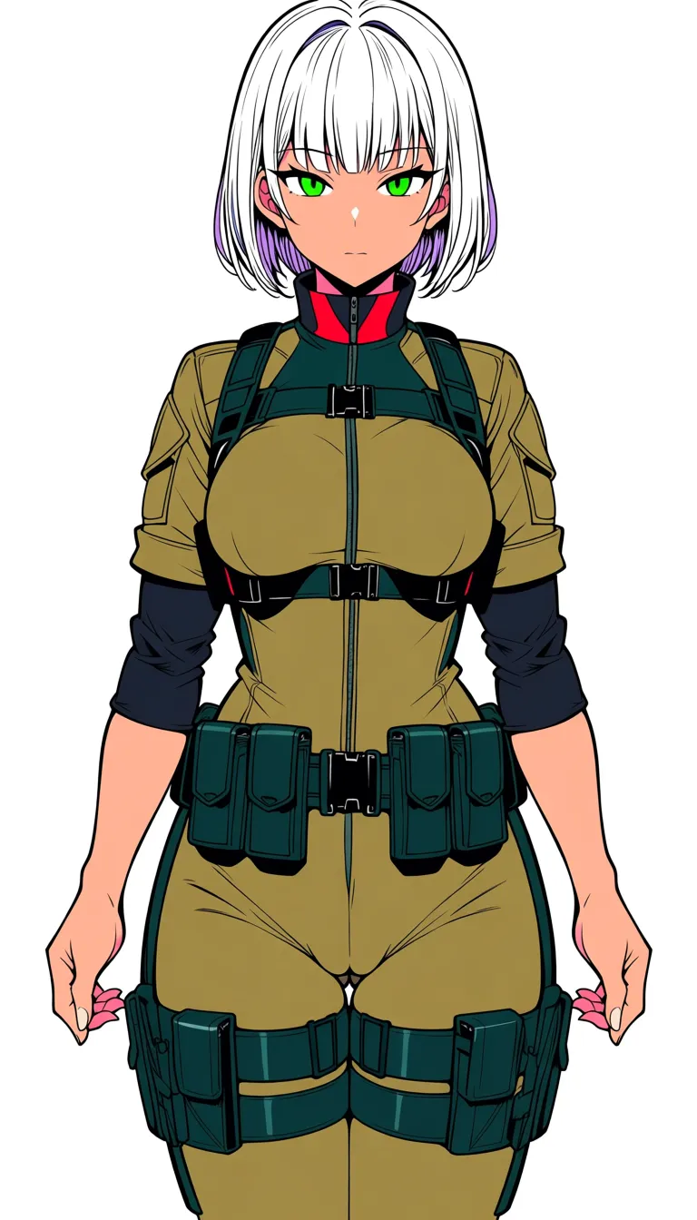 3 Masterpiece, natural perky medium breasts, look at viewer, fine detail, Anime Female With Short bob cut White hair, medium Breasts, Green Eyes, Cheeky Face, half closed eyes, no helmet, Pants, no gloves, village surroundings background, desert biome, eroge aesthetics, legs up on air, cameltoe, legs together, · Base: Form-fitting khaki tactical jumpsuit with a front zipper. · Sleeves: Two-toned with dark green/black fitted forearms. The sleeves are rolled up. · Chest: Olive-drab chest rig with shoulder straps and a row of six utility pouches. · Waist & Thighs: Dark green tactical belt with black buckles, connected by horizontal straps wrapping around the upper thighs. · Extras: High dark collar with red accents, and a rigid dark thigh plates on the Thighs. ... single continuous shot, full widescreen view, one single image, uninterrupted scene, no borders, no panels, wide angle cinematic photograph, single perspective, edge-to-edge frame ... modern digital drawing style, clean monoline ink linework, flat cel shading with minimal soft gradients, vibrant color palette with high-contrast accent tones, minimalist geometric background elements, crisp vector-like finish, contemporary graphic illustration., hentai_studio_quality