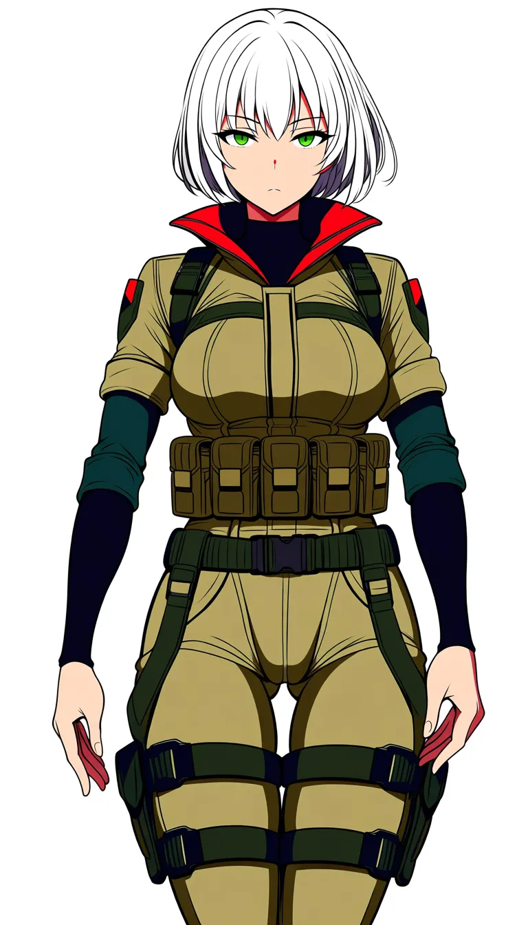 3   asterpiece, natural perky medium breasts, look at viewer, fine detail, Anime Female With Short bob cut White hair, commander outfit, cloth, medium Breasts, Green Eyes, Cheeky Face,  legs  together, half closed eyes,   no helmet, Pants, no gloves, village surroundings background, desert biome, eroge aesthetics, legs up on air, cameltoe, legs together,  · Base: Form-fitting khaki tactical jumpsuit with a front zipper. · Sleeves: Two-toned with dark green/black fitted forearms. The sleeves are rolled up. · Chest: Olive-drab chest rig with shoulder straps and a row of six utility pouches. · Waist & Thighs: Dark green tactical belt with black buckles, connected by horizontal straps wrapping around the upper thighs. · Extras: High dark collar with red accents, and a rigid dark thigh plates on the Thighs. ... single continuous shot, full widescreen view, one single image, uninterrupted scene, no borders, no panels, wide angle cinematic photograph, single perspective, edge-to-edge frame ... modern digital drawing style, clean monoline ink linework, flat cel shading with minimal soft gradients, vibrant color palette with high-contrast accent tones, minimalist geometric background elements, crisp vector-like finish, contemporary graphic illustration., hentai_studio_quality, hentai_studio_quality, hentai_studio_quality, hentai_studio_quality, hentai_studio_quality, hentai_studio_quality
