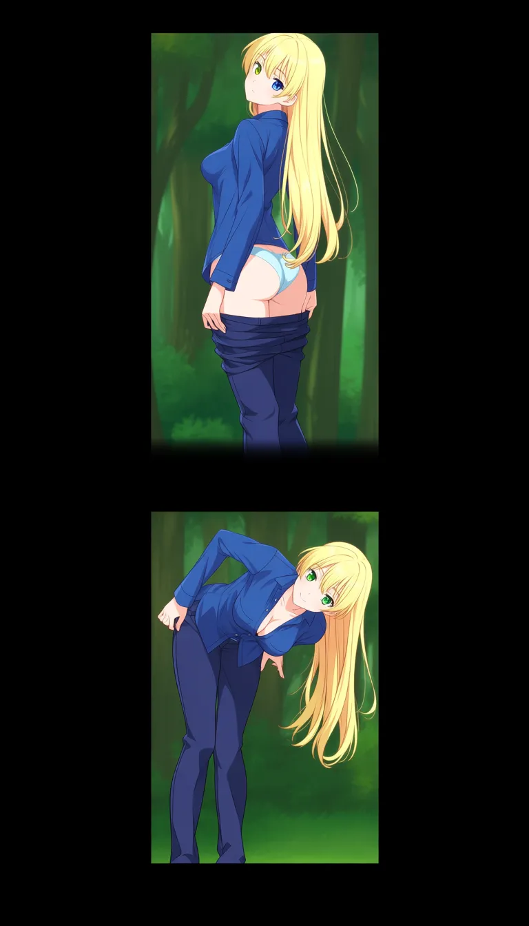 2 no bad drawing. single frame,  professional , heterochromia, art, shirt visible, Masterpiece, natural perky medium  ass,  natural perky medium breasts, , look at viewer,1 girl, forest background,  With Long blonde hair, blue and green eyes, from behind, standING, legs together, blue pants down, panties,down,  blue unbuttoned shirt, Pussy visible, soft smile ... single continuous shot, full widescreen view, one single image, uninterrupted scene, no borders, no panels, wide angle cinematic photograph, single perspective, edge-to-edge fram, hentai_studio_quality, hentai_studio_quality