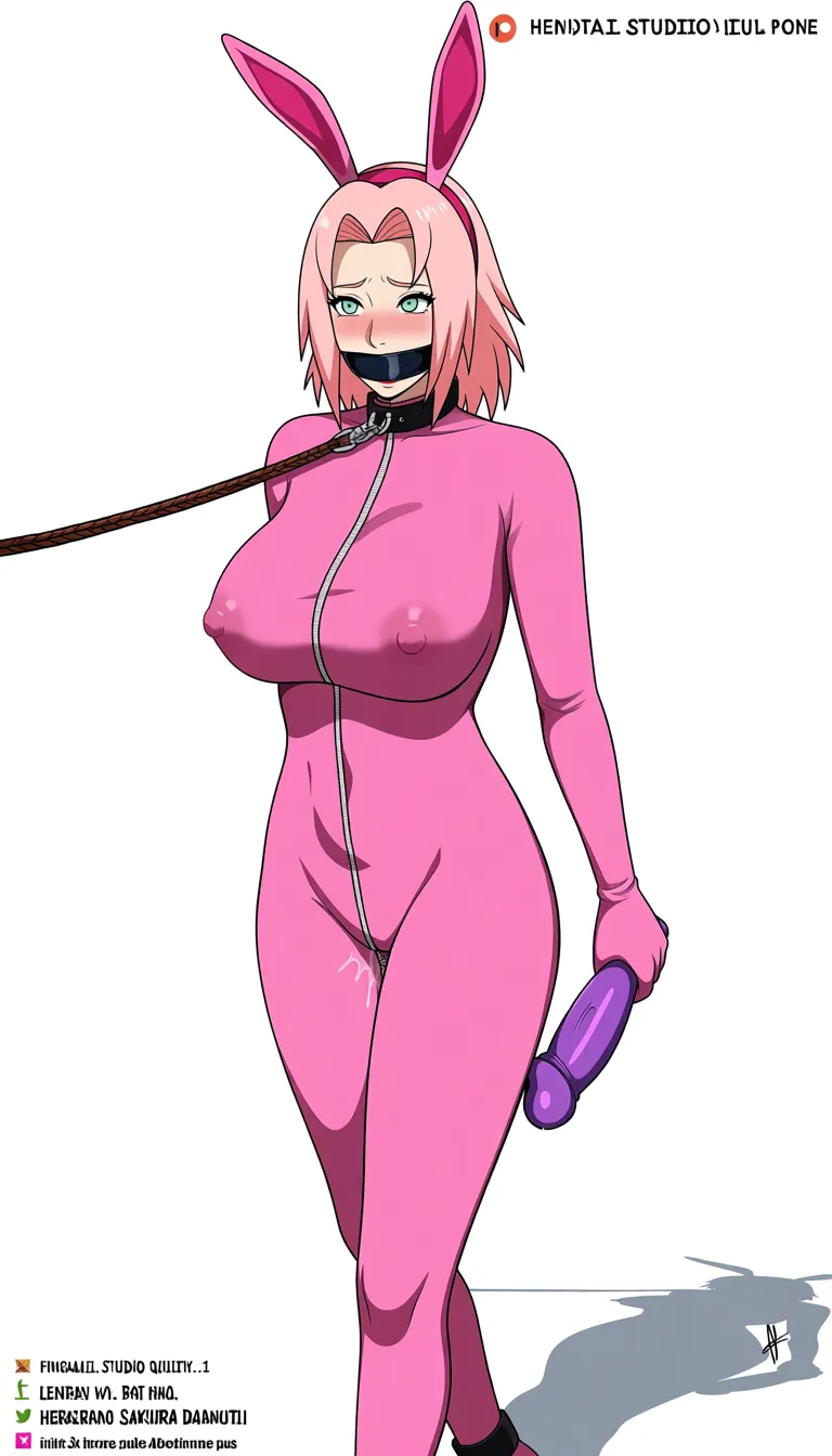 Sakura haruno from Naruto in a pink fursuit with a pink tail buttplug plug and pink ears walking on her knees and elbows because she is tied up and being leashed to walk towards with a vibrating dildo in her pussy and a gag on her mouth