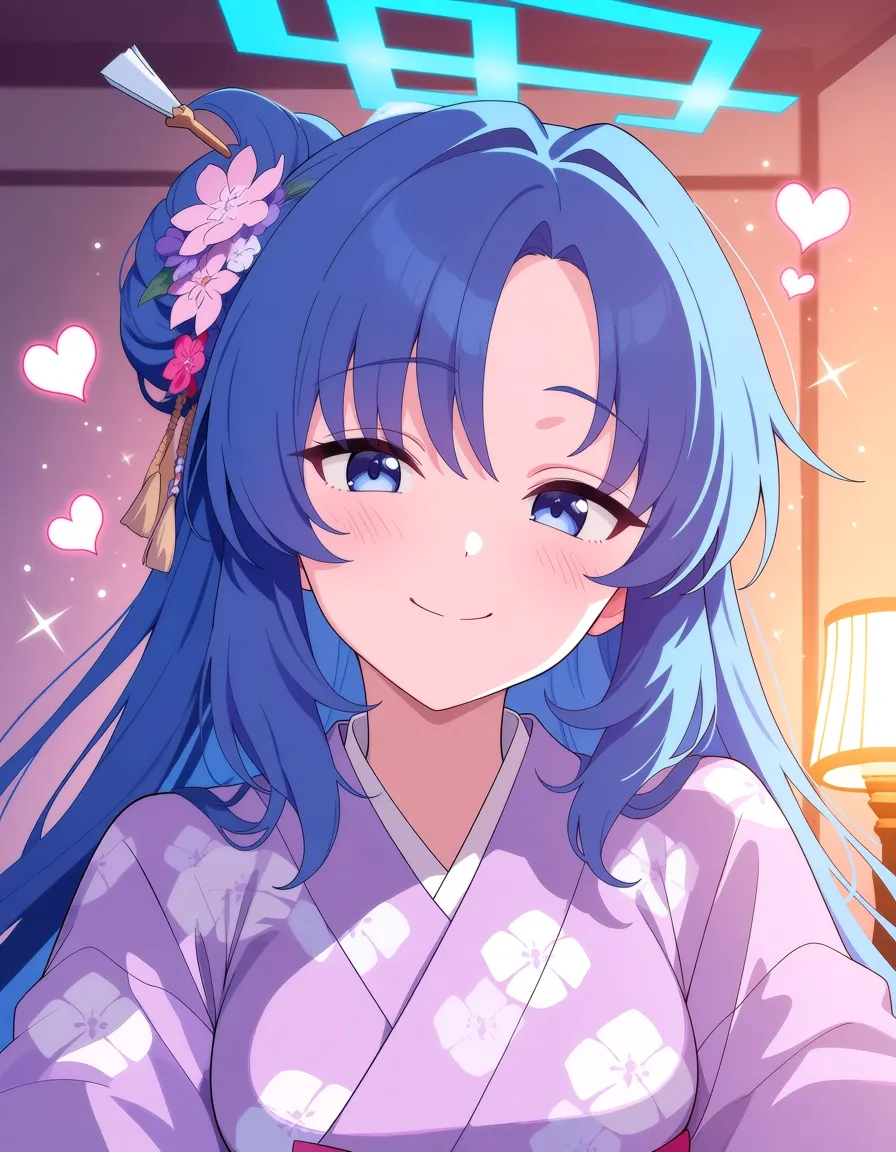 masterpiece, best quality, high quality anime illustration, 2D anime, 1girl, solo, Yuuka Hayase, Blue Archive, Millennium Science School, long blue hair, blue eyes, blue geometric halo above head, recognizable official character design, beautiful detailed eyes, cute expressive face, gentle blush, soft smile, fluffy pastel aesthetic, Fuwa-Fuwa style, soft pastel colors, lavender and powder blue palette, delicate anime lineart, soft shading, smooth color gradients, warm ambient lighting, dreamy atmosphere, cute decorations, tiny sparkles, floating hearts, flowers, highly detailed hair, detailed clothing, polished illustration,After that, take off all her cloothes., hentai_studio_quality
